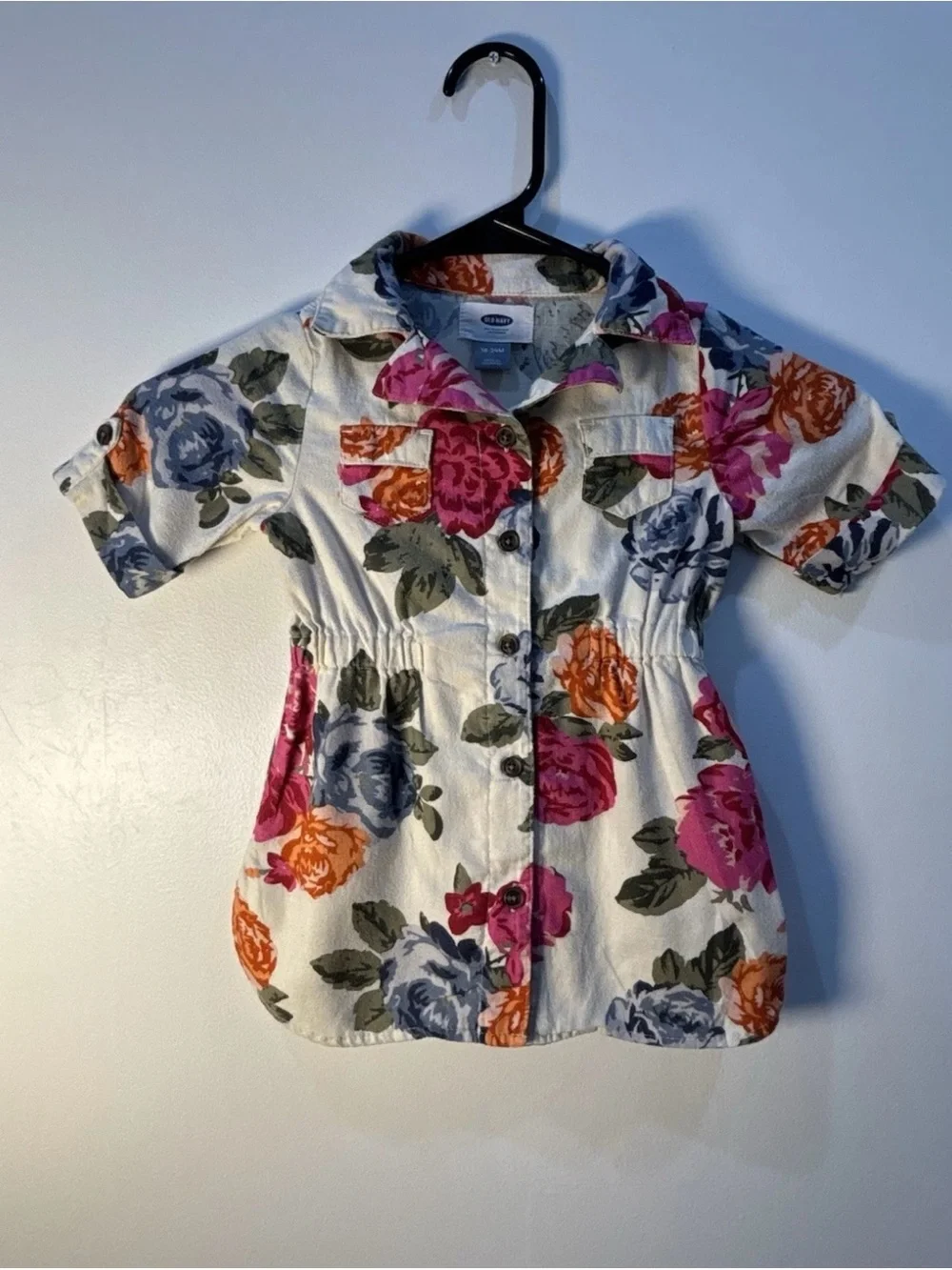 Old Navy Dress 18-24M Girls Floral Rose Shirt Dress Beige Pink Blue Cottagecore